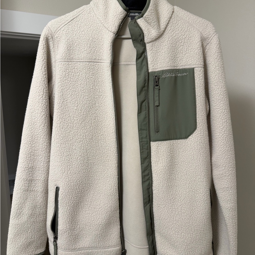 Eddie Bauer Cream Sherpa Jacket with Olive Trim